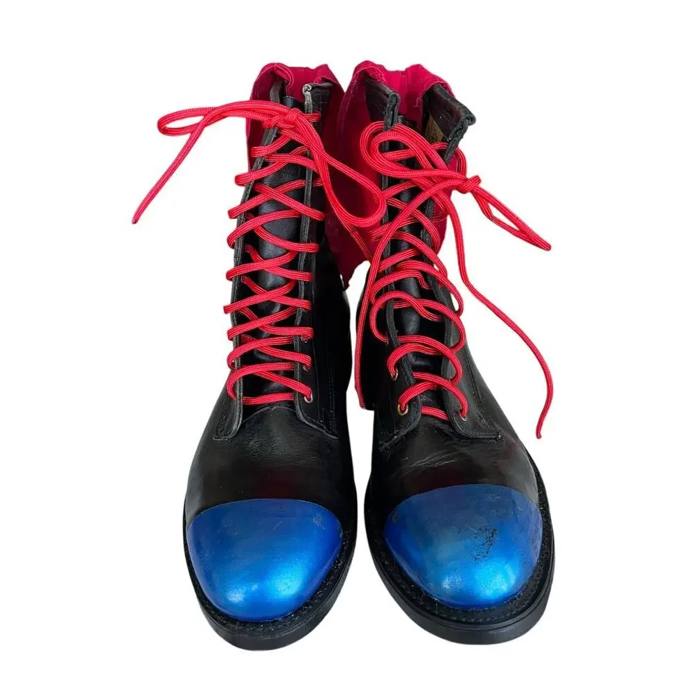 One of a kind Black Superman leather upcycled steel toe combat boots VTG Sz 9.5R